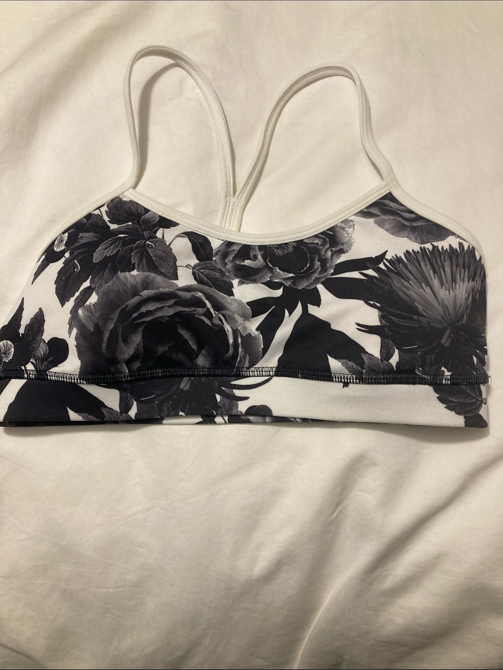 Lululemon black and white rose flowered running bra